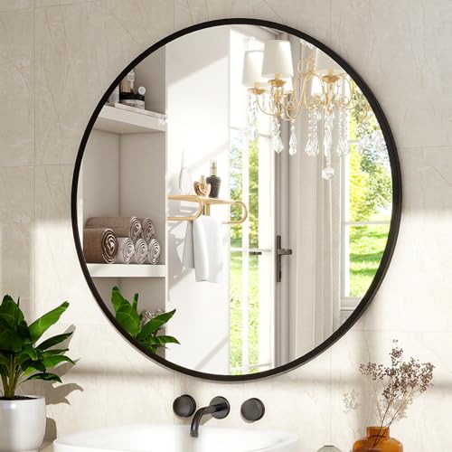 XRAMFY 20 Inch Round Mirror - Circle Mirrors for Bathroom, Entryway and Living Room Wall Decor, Modern Hanging Vanity Mirror, Matte Black Circle Decorative Wall Mirror - color: Round-black, size: 20"L x 20"W