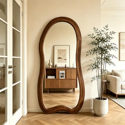 Large Irregular Floor Mirror, 67"x31.5" Asymmetrical Full Length Mirror with Triple Layer Solid Wood Frame, Organic Shape Mirrors for Entryway Hallway Bedroom Living Room, Leaning/Hanging - color: Walnut, size: 67"L x 31.5"W