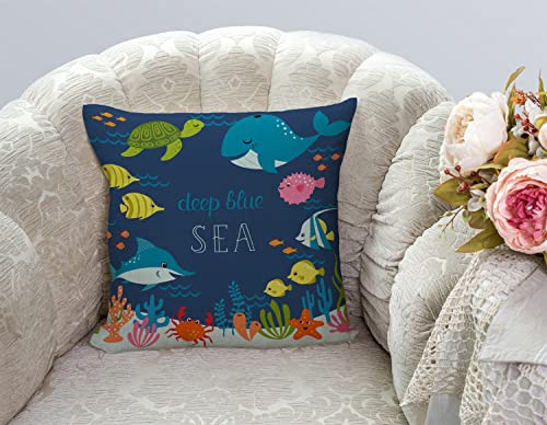 Cartoon Fish Whale Throw Pillow Cover 18 x 18 Inch, Cartoon Underwater Ocean Theme Sea Animal Nature Shark Turtle Decor Linen Cushion Cover for Sofa Couch Bed - color: Tss40