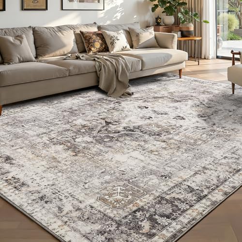 YOH Boho Washable Rug 4x6, Charcoal Gray Vintage Non Slip Area Rug, Distressed Indoor Carpet for Living Room Bedroom Kitchen Office - color: Charcoal Gray, size: 4' x 6' (Rectangular)
