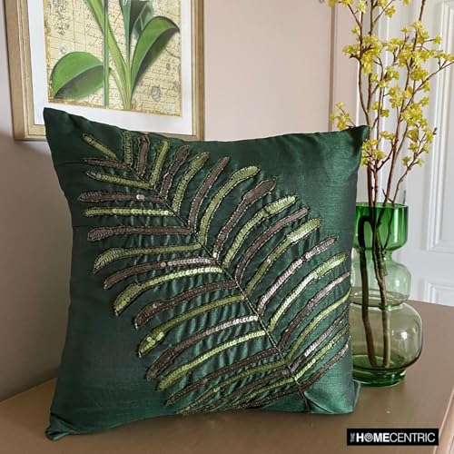 HomeCentric Decorative Dark Green 16x16 inch Silk Throw Cushion - Tropical Designer with Floating Leaf Pattern - color: 3. Dark Green (Floating Leaf), size: 16" x 16" (Pack of 1)