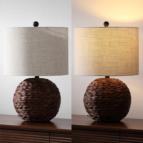 JONATHAN Y 21.5" Dark Brown Modern Coastal Woven Rattan Globe LED Table Lamp for Bedroom, Oatmeal Linen Drum Shade, LED Bulb Included, Rustic Bedside Lamp for Living Room (JYL6514B) - color: Dark Brown
