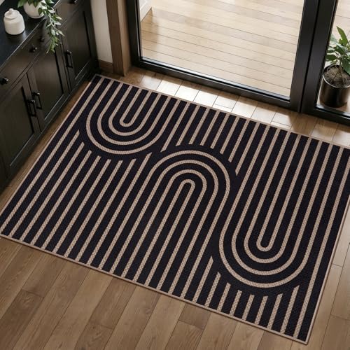 Tangsoo Easy Jute Rug 2x3 Outdoor Rug,Small Washable Non-Slip Rug for Entryway,Boho Geometric Ultra Thin Indoor Carpet Farmhouse Small Throw Mat for Kitchen Bedroom Front Door Entry - color: Black S Rainbow, size: 2x3ft
