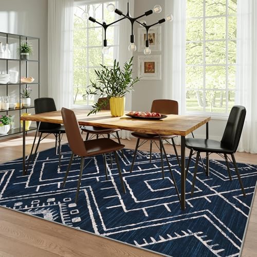 LIVEBOX Moroccan 8x10 Area Rug, Navy Washable Rugs for Living Room Bedroom, Western Tribal Rug Non Slip Low Pile Modern Geometric Large Area Rugs Diamond Carpet for Dining Room Home Office Decor Boho - color: Navy, size: 8‘ x 10'