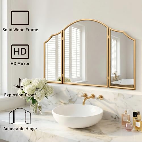 Besdomus Gold Scalloped Vanity Mirror: 36"x24" Large Modern Three Sided Dresser Miror - Minimalist Wood Frame 3 Way Trifold for Bedroom/Cloakroom/Dressing Room - Home Decor for Housewife - color: Gold Leaf, size: 24"L x 36"W