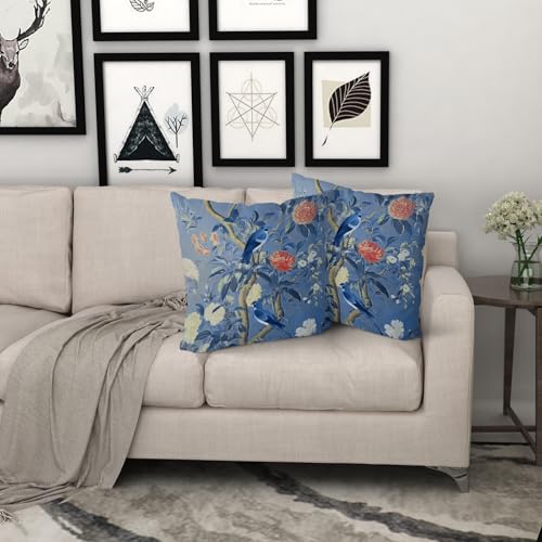 Chinoiserie Pillow Cover 16x16 Inch Vintage Navy Blue Floral Throw Pillow Covers Farmhouse Flower Bird Decorative Outdoor Pillowcase Cotton Cushion Cover for Couch Sofa Bed Decor (Pack of 2) - color: Deep Blue, size: 16" x 16" (Pack of 2)