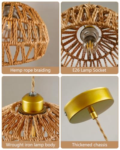 Rattan Pendant Light Fixtures, 11.6” Boho Woven Basket Pendant Light, Handmade Wicker Hanging Lamp, Rustic Wicker Chandelier for Kitchen Island, Dining Room, Living Room, Bedroom, E26 Base - color: 11.61″-Round