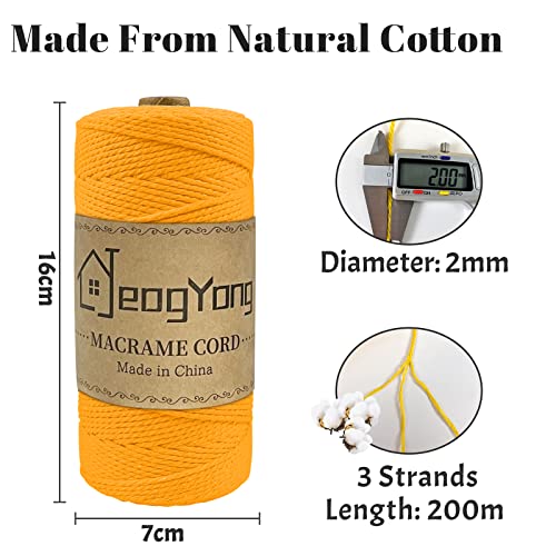 JeogYong Macrame Cord 2mm x 218 Yards, 3-Strand Twisted Natural Cotton Rope, Cotton String Coloured Craft Cord for Plant Hanger Wall Hanging Knitting Crafts, Golden Color - color: Golden