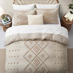 Oli Anderson Tufted Duvet Cover Queen Size, Soft and Lightweight Duvet Covers Set for All Seasons, 3 Pieces Boho Embroidery Shabby Chic Bedding Set (Khaki, Queen, 90"x90") - color: Khaki, size: Full/Queen(90"×90")