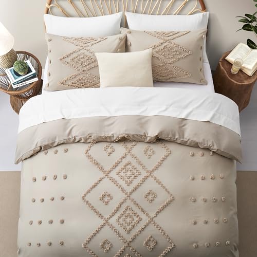 Oli Anderson Tufted Duvet Cover King Size, Soft and Lightweight Duvet Covers Set for All Seasons, 3 Pieces Boho Embroidery Shabby Chic Bedding Set (Khaki, King, 104"x90") - color: Khaki, size: King(104"×90")