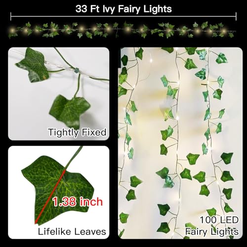 suddus Vine with Fairy Lights Battery Operated, 33ft 100 LED Ivy String Lights with Remote, Leaf Lights for Bedroom, Room, Wall, Garden, Party, Wedding Dorm Decor (Warm White) - color: IVY, size: 100 LED-Battery-Copper