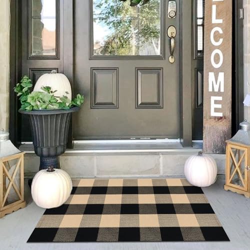 IOHOUZE Buffalo Plaid Checkered Rug 2x3 Ft Front Door Mats, Washable Area Rugs for Front Porch Welcome Mats Indoor Outdoor, Entryway Door Rug for Entryway, Home Entrance, Tan Black - color: Tan and Black, size: 2' x 3' (Rectangular)