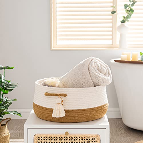 KAKAMAY Woven Baskets for Storage(16"x8"),Blanket Basket for Organizing Living Room,Cotton Rope Basket Woven Baby Laundry Hamper,Collapsible Laundry Room Organization,Clothes,Toy Chest(Brown) - color: Brown