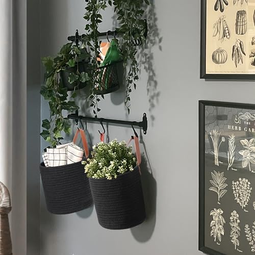 MEGASKET 2 Pack Hanging Basket, Small Wall Baskets for Organizing, Wicker Boho Wall Decor Set, Indoor Hanging Plant Holder, Rattan Woven Storage Bin for Home Decor, Farmhouse Storage Box, Black - color: Black