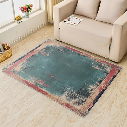 Area Rug 5x8, Vintage Distressed Rug, Worn Antique Carpet, Washable Abstract Faded Rugs for Living Room, Bedroom, Dining Room, Office, Non-Slip, Pet-Friendly, 5 x 8 ft - color: Teal and Rust, size: 5 x 8 ft