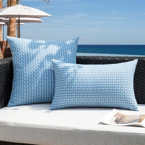 Kevin Textile Outdoor Waterproof Throw Pillow Covers Pack of 2 Weaving Texture Water Resistant Outside Decorative Cushion Covers for Garden Patio Tent Balcony Bench Couch Sofa 16x16 Inch, Light Blue - color: Light Blue, size: 16" x 16" (Pack of 2)