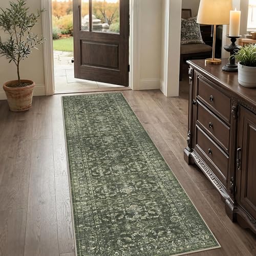 2x8 Green Runner Rug Hallway Washable Area Rugs Kitchen Vintage Boho Non Slip Long Rug Floral Carpet Indoor Retro Soft Low Pile Throw Rug for Bedroom Bathroom Laundry Dining Living Room Office - color: Dark Green, size: 2' x 8' (Runner)
