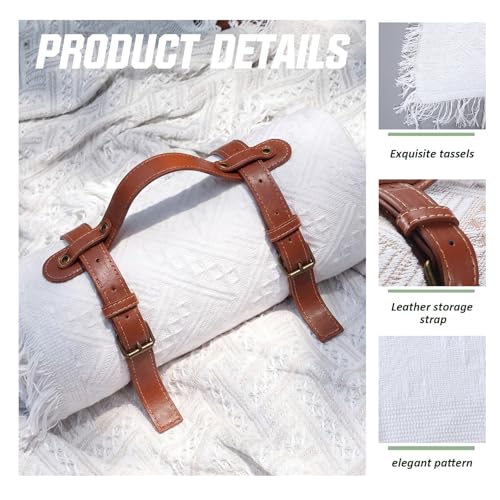 Frienda 70 x 102 Inch Extra Large White Outdoor Picnic Blanket Woven Cotton Yarn Blanket with Fringe and Leather Storage Strap Boho Decor for 6 to 8 Camping Lawn Wedding Photoshoot Beach Park Grass - color: White, size: 70 x 102 Inch