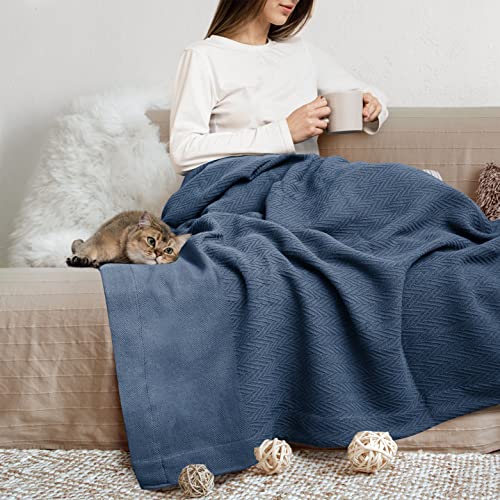 THREAD SPREAD Organic GOTS Certified Cotton Blanket, Twin/Twin XL - 350 GSM, Antistatic, Fuzzy Soft, Lightweight, Sofa, Camping & Travel, All-Season Herringbone Throw, Medium Blue + Bonus Tote Bag - color: Herringbone - Medium Blue, size: Twin / Twin XL