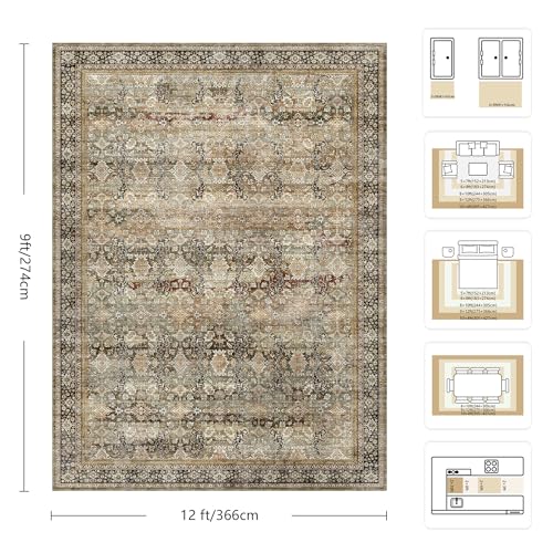 9x12 Area Rugs for Living Room - Washable Vintage Retro Large Rug, Soft Ultra Thin Non Slip Low Pile Traditional Distressed Boho Carpet for Bedroom Dining Room Home Office, Charcoal Olive - color: B-charcoal / Olive, size: 9x12
