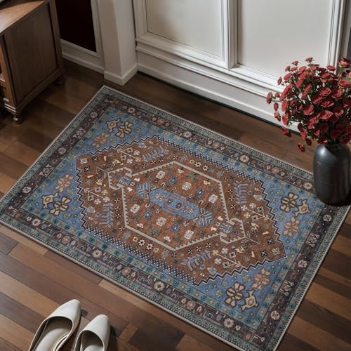 Ciicool Small Area Rug, 2x3ft Boho Rug, Ultra Soft Entry Rugs for Entryway, Non-Slip Washable Rugs Oriental Low-Pile Indoor Mat Floor Carpet for Entrance Bedroom Kitchen Bathroom Foyer Decor - color: Brown/Blue, size: 2' X 3' (Rectangular)