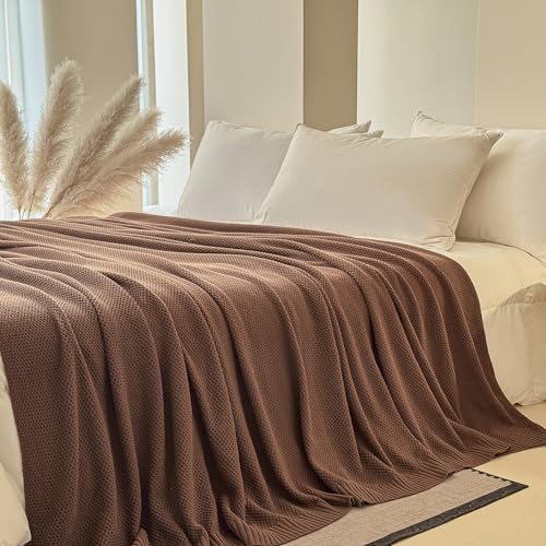 Simple&Opulence 100% Cotton Blanket King Size, Solid Color Cable Knitted Blanket Super Soft Comfortable Breathable Decorative Farmhouse for Couch Sofa Bed, All Season Use(Coffee,104x90) - color: Coffee, size: King Size 104x90"