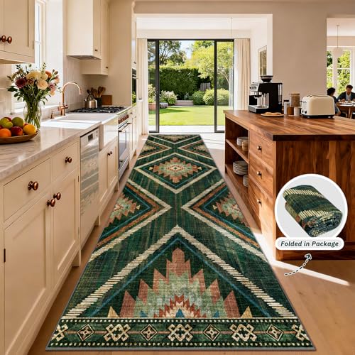 3x12Ft Boho Runner Rugs for Hallway Non Slip, Long Wide Green Geometric Washable Kitchen Rug Runner, Soft Moroccan Entryway Floor Carpets for Entrance Doorway Office Decor - color: Green, size: 3' x 12' (Rectangular)