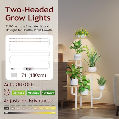 Homsorout Corner Plant Stand with Grow Light - 6 Tier Plant Stand Indoor Square Metal Plant Shelf with Adjustable Light, Plant Organizer for Living Room, Graden, Home Decor (Maple) - color: Maple & Square