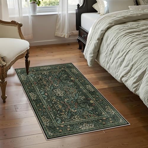 2x3 Floral Washable Area Rug for Living Room, Vintage Boho Rug for Bedroom Dining Room， Distressed Botanical Birds Non Slip Low Pile Forest Animal Throw Carpet for Farmhouse Office, Dark Green - color: Dark Green, size: 2' x 3' (Rectangular)