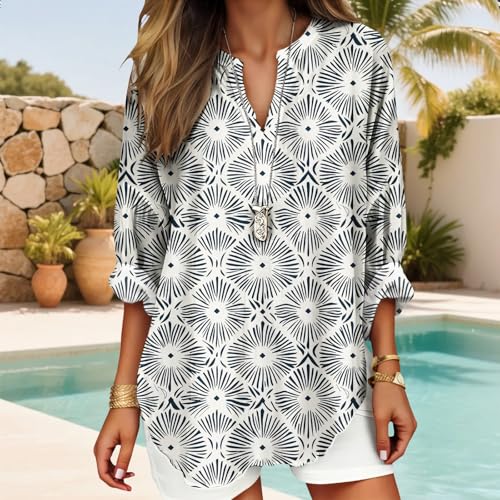 Women's 3/4 Sleeves V Neck Blouses Southwestern Tribal Stripe Serape Colorful Print Plus Size Resort Casual Outfit - color: Yellow Brown, size: Medium