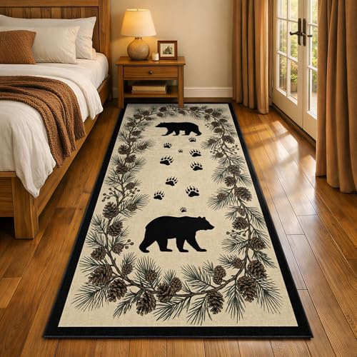 Bear Runner Rug 2x7, Pine Cones Rug for Entryway, Bear Paw Print Runner Rugs for Kitchen, Non-Slip Machine Washable Farmhouse Carpet - color: Bear, size: 2' x 7'(Runner)