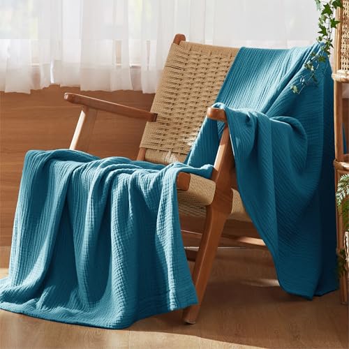 Bedsure 100% Cotton Muslin Throw Blanket Twin XL for Bed - 4-Layer Breathable and Lightweight Soft Gauze Muslin Blankets for Adults, PureWoven Thin Summer Blanket for College Dorm, Teal, 66x90 Inches - color: 01 - Teal, size: Twin XL (66" X 90")