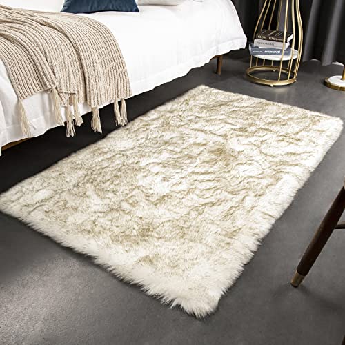 Ashler HOME DECO Soft Fox Faux Fur Chair Couch Cover Area Rug for Bedroom Floor Sofa Living Room White Brown Rectangle 3 x 5 Feet - color: White Brown, size: 3 x 5 ft