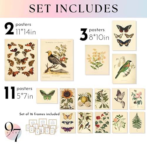 97 Decor FRAMED Vintage Botanical Wall Art Decor - Large Plant Posters For Room Aesthetic, Vintage Botanical Prints Nature Wall Decor, Floral Pictures Butterfly Bird Art For Home Bedroom (BEIGE FRAME) - size: FRAMED