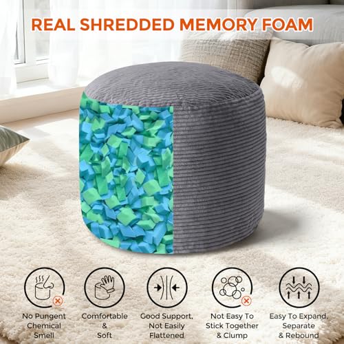 20" x 20" x 15" Pouf Ottoman Foot Rest, Pre-Stuffed Round Foot Stool with Odorless Shredded Memory Foam, Furry & Fluffy Corduroy Footrest for Living Room, Dark Grey - color: Dark Grey, size: 20"D x 20"W x 15"H