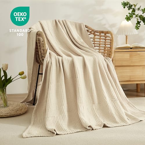 EMME Cotton Throw Blanket for Couch Soft Muslin Blankets 50"x60" Lightweight Breathable Blanket Beige All Season Gauze Blanket - color: 02 - Beige, size: Throw (50" x 60")