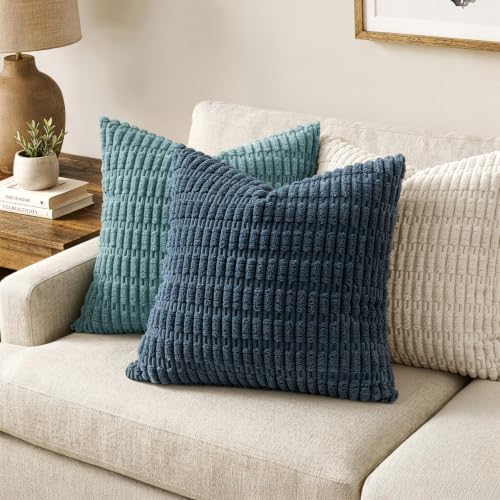 MIULEE Pack of 2 Corduroy Decorative Throw Pillow Covers 16x16 Inch Soft Boho Striped Pillow Covers Modern Farmhouse Home Decor for Summer Coastal Sofa Living Room Couch Bed Blue - color: Blue, size: 16" x 16" (Pack of 2)