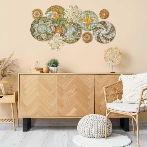 Tatuo 11 Pcs Boho Wall Basket Decor Bulrush Woven Wall Hanging Art Round Farmhouse Rustic Handmade Wicker for Summer Home, Bedroom, Living Room, Kitchen Decorations, Multi Sizes(Stylish) - style: Stylish