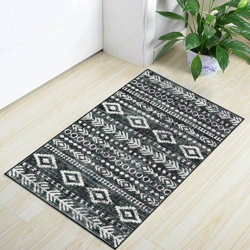Lahome Moroccan Small Rug 2x3, Black and White Non-Slip Washable Indoor Front Door Mat with Rubber Backing, Low-Profile Modern Farmhouse Boho Area Rug for Entryway Bathroom Kitchen Decor Varena - color: Black/White, size: 2' x 3'