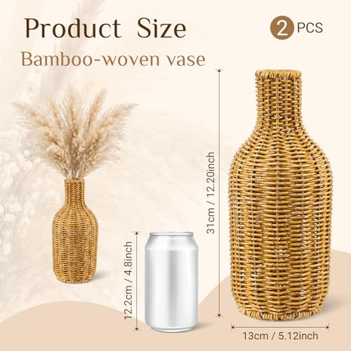 2 Pcs Woven Flower Vase 12.2 Inch Large Rustic Imitation Rattan Basket Boho Decorative Planter Farmhouse Desktop Centerpiece Vase for Living Room Office Home Wedding Decor