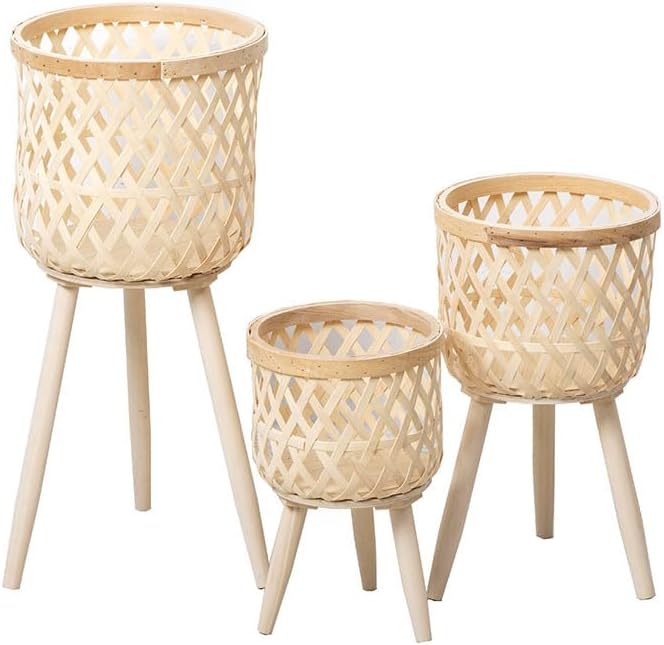 Nordic Style Rattan Flower Pot Indoor Balcony Living Room Plant Green Flowers Hand-Woven Wooden Tall Floor Flower Stand (Beige, 8.3x13inch(21x33cm))