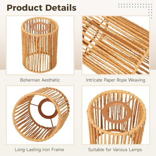 6 Pcs Paper Rope Lamp Shades, Rattan Lamp Shade, Boho Pendant Light Shade, Woven Lampshade with Metal Frame, 4.7 x 4.7 x 5.9 in, Creative Lighting for Home, Living Room, Bedroom