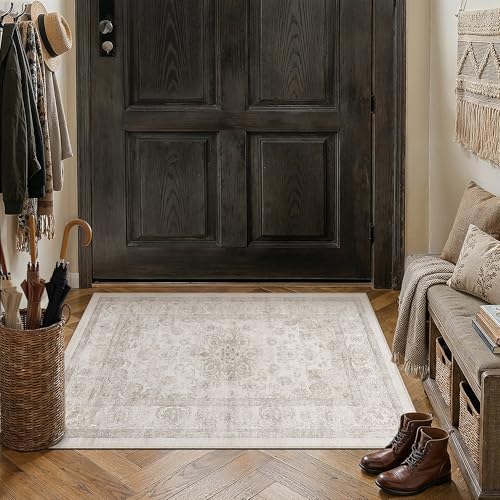 PureCozy Beige Area Rug 2x3 Washable Vintage Entryway Carpet Non Slip Soft Low Pile Distressed Medallion Door Mat Indoor Retro Throw Small Rug for Bathroom Kitchen Office Bedroom Dining Room - color: Retro | Beige, size: 2' x 3' (Rectangular)