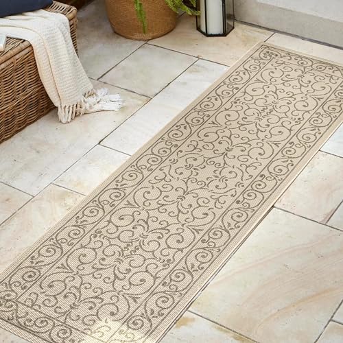 JONATHAN Y Vintage Filigree Indoor Outdoor Runner Rug 2X8 Beige/Brown, Charleston Textured Weave for Backyard, Patio, Porch, Easy-Cleaning, High Traffic, Pet-Friendly, Non-Shedding (SMB106A-28) - color: Beige/Brown, size: 2'2" x 8' (Runner)