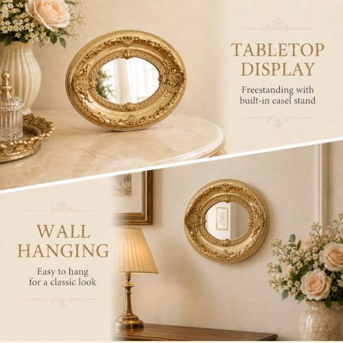 Golden Mini Vintage Mirror with Exquisite Relief Elegant Wall Decor for Bedroom Dresser Table Compact Resin Retro Design (Golden Oval, 4.7 X5.5) - color: Golden Oval