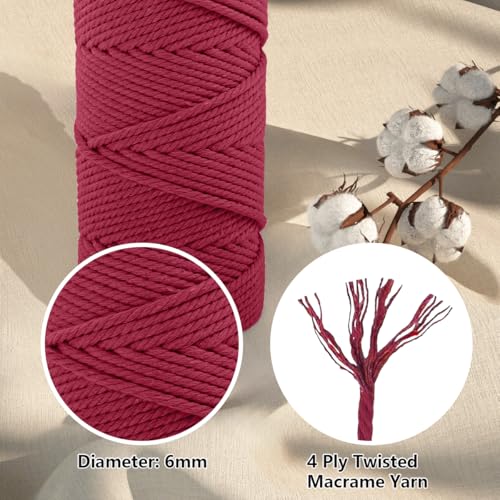 Macrame Cotton Cord 6mm x 109 Yards, ZUEXT 100% Natural Handmade Colorful 4 Strands Twisted Braided Cotton Rope for Wall Hanging Plant Hangers Gift Wrapping Tapestry DIY Crafts (100m, Red Wine) - color: Red Wine, style: 6mm x 100m