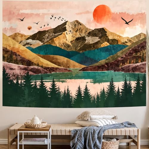 Delur Mountain Tapestry Boho Sunset Nature Forest Tree Tapestry Wall Hanging Sunrise River Lake Landscape Psychedelic Headboard for Bedroom Living Room Home Decor (59.1" x 78.7") - color: Sunset Mountain, size: 59.1"L x 78.7"W