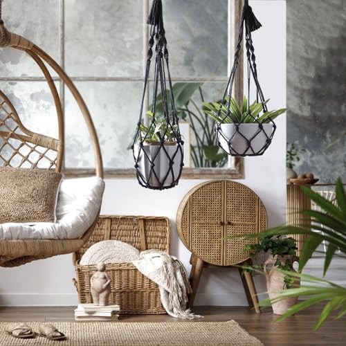 Artilady Black Plant Hanger Macrame Hanging Planter for Indoor Boho Plants Holder with Hooks Hanging Plant Basket Outdoor Window Wall Plants Home Decor (Black Macrame-2pcs) - color: Black Macrame-2pcs