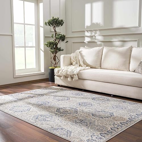Hauteloom Kismet Boho Vintage Traditional Damask Area Rug - Farmhouse Traditional Floral Medallion Carpet for Living Room, Bedroom, Dining Room - Blue, Gray, Brown, Beige 4'3" x 5'7" - color: Beige, Black, Charcoal / Burnettsville Brntt, size: 4'2" x 5'7"