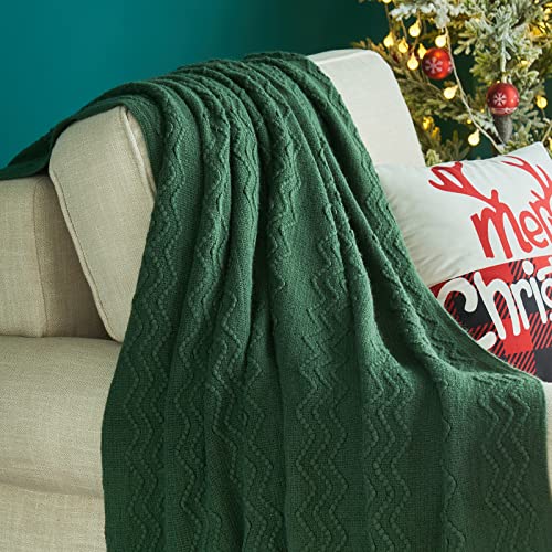 MIULEE Dark Green Knitted Throw Blanket for Couch Boho Textured Cozy Woven Blanket with Tassels for Sofa Chair Bed Living Room Acrylic Wave Pattern 50"x60" - color: Dark Green, size: 50" x 60"